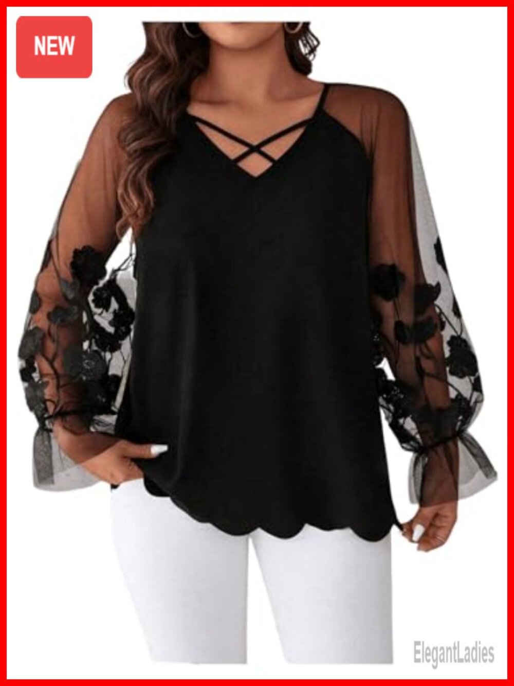 Plus Size Floral Mesh Long Sleeve Trendy Work Blouse
